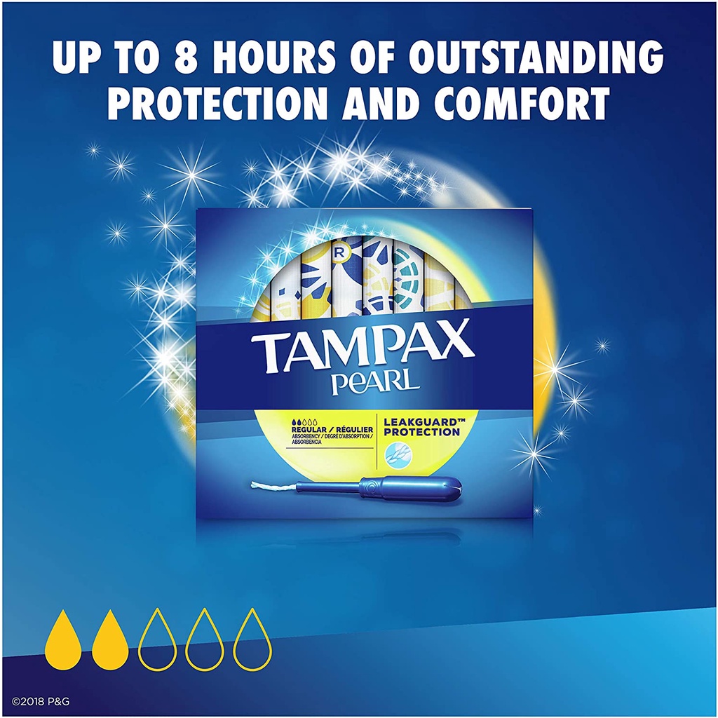 Tampax Pearl Tampon Regular Absorbency 50 miếng loại 2 giọt cán nhựa,siêu thấm không mùi