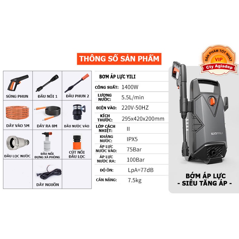 Bơm Áp Lực Siêu Tăng Áp 1400W-100BAR rửa xe ô tô, xe máy, rửa sân Agiadep