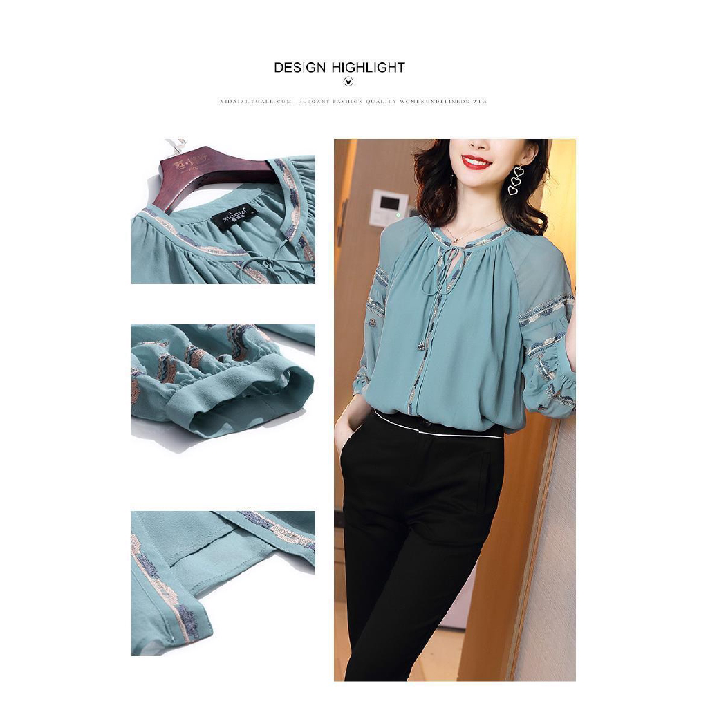 Chiffon  Shirt, Women's tops, 3/4 sleeved printing shirt, Temperament loose creative clothes, Size M-3XL, Blue, OL commute style【lyfs】