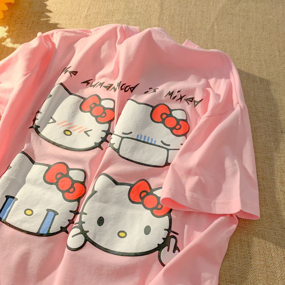 100% cotton Áo thun tay ngắn in hình Hello Kitty hoạt hình phong cách Nhật Bản thời trang mùa hè dành cho nữ 2023