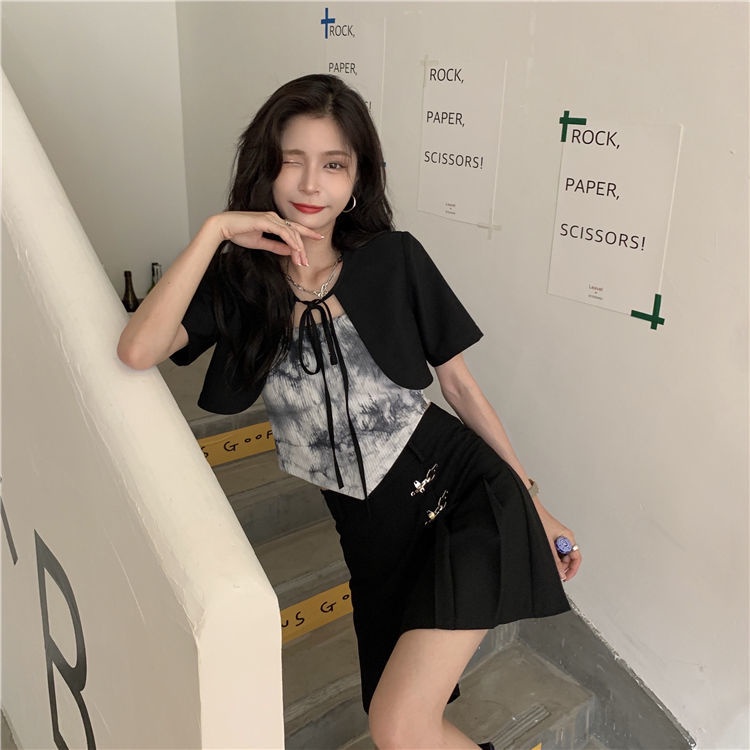 Women's Black, Short Sleeve Cardigan 2022 New Ink Tie-Dye Irregular Inner Wear Outerwear Camisole