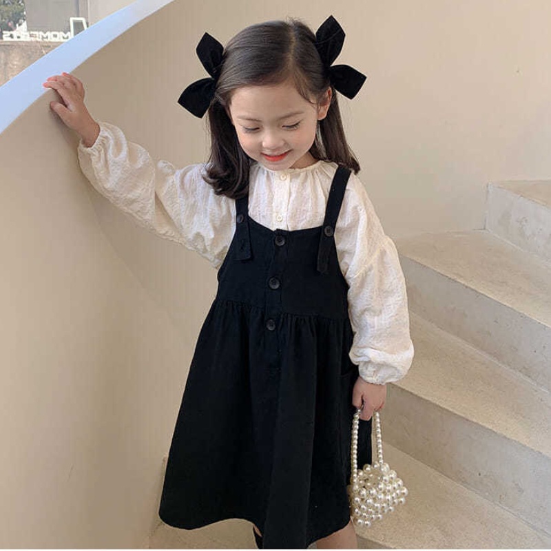 Set Đầm Dây + Áo Sơ Mi Tay Bồng Kiểu Dáng Mới Dành Cho Trẻ Em