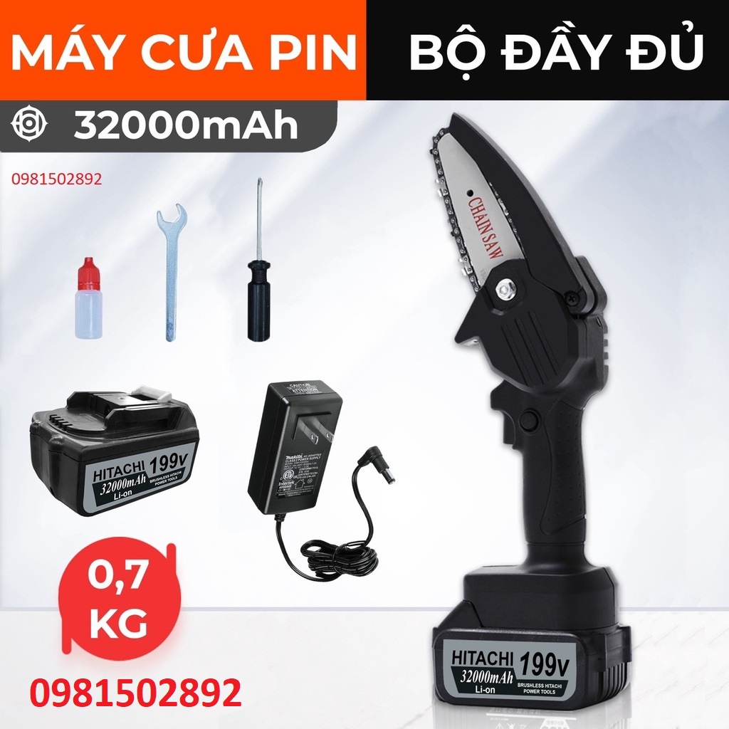 Máy cưa xích cầm tay dùng  pin 199V Hitachl, pin chuẩn 10cell công dụng cưa gỗ tỉa cành