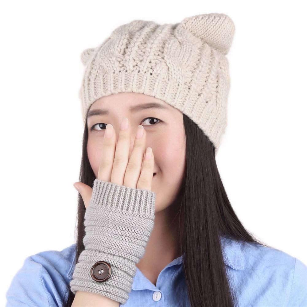 Mũ beanie dệt kim co giãn màu trơn hình tai mèo dễ thương thời trang mùa đông cho nữ