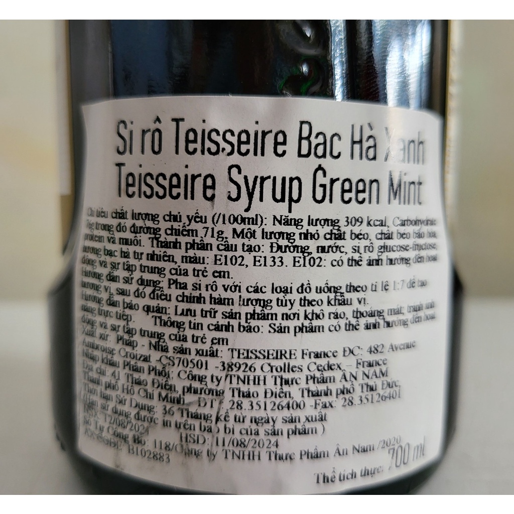 [Chai 700ml] [BẠC HÀ XANH] SI RÔ PHA CHẾ THỨC UỐNG [France] MATHIEU TEISSEIRE Syrup Green Mint