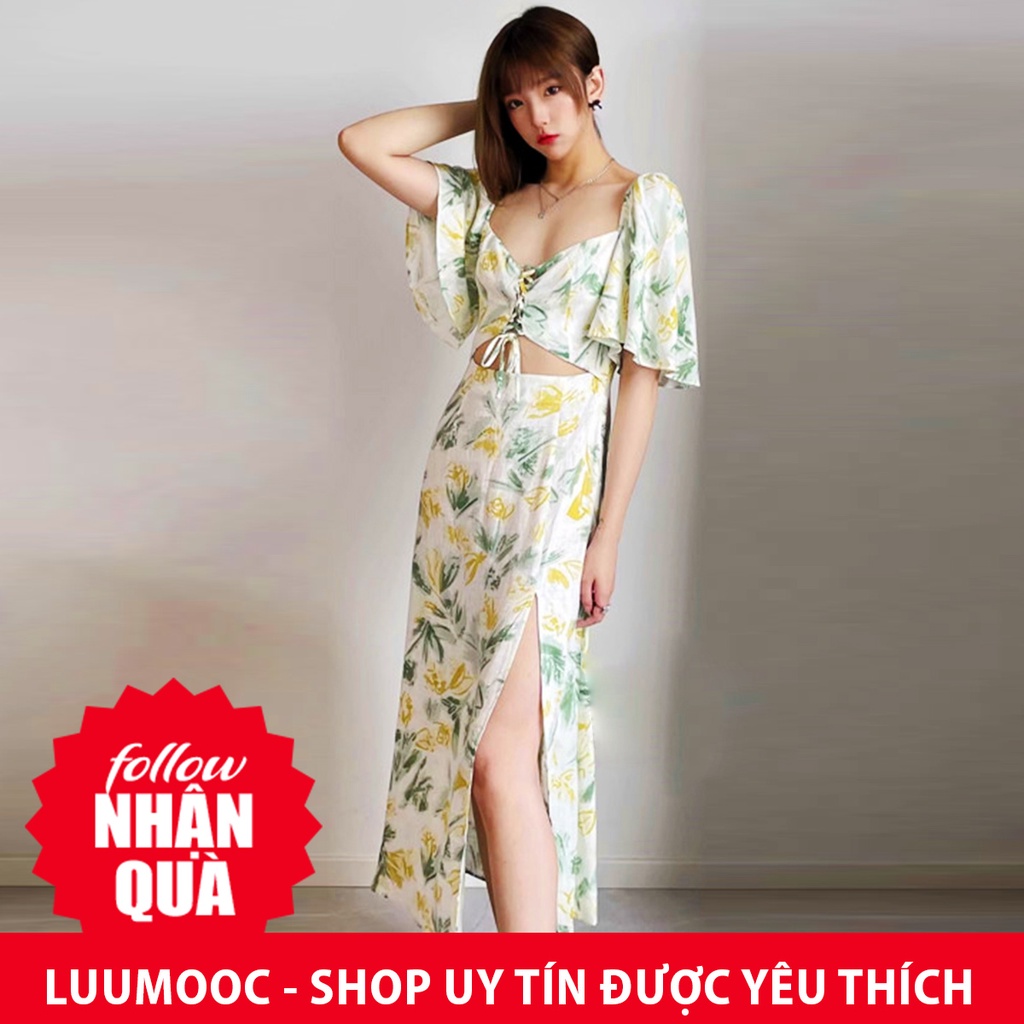Đầm Zara hoa xanh vàng khoét eo sexy DH14KEG58N10