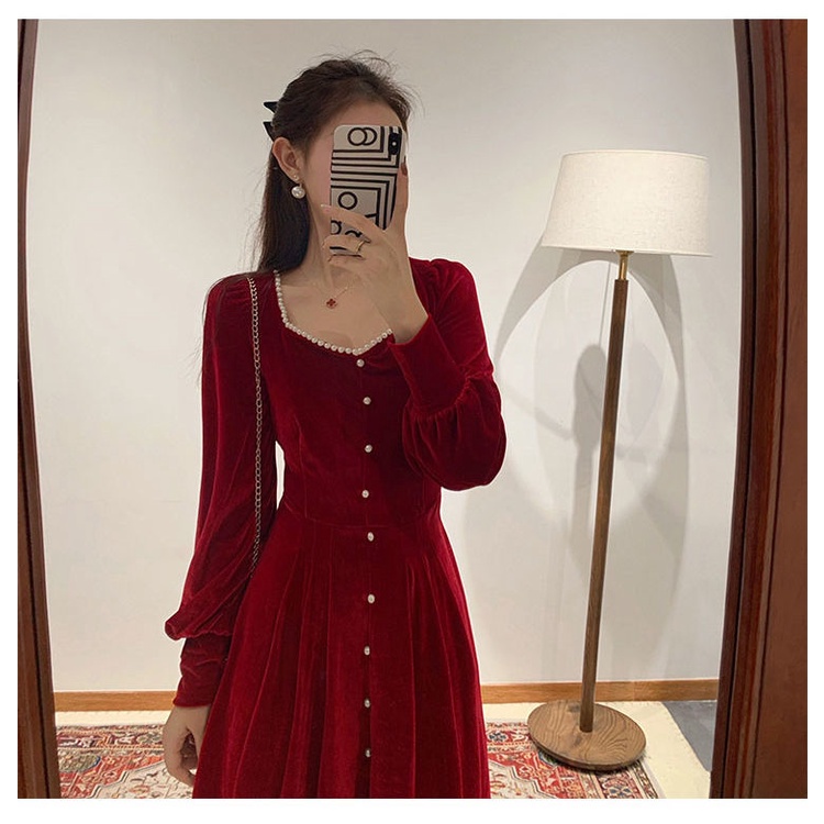Đầm Nhung Một Mảnh Tay Dài Cổ Vuông Màu Đỏ Thời Trang Dành Cho Nữ
