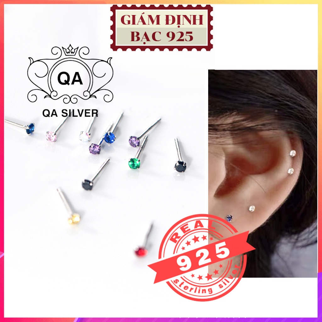 Bông tai bạc 925 nụ đá nhỏ nam nữ 4 chấu khuyên mini trắng đen xanh S925 MINIMAL QA SILVER Earrings EA200603