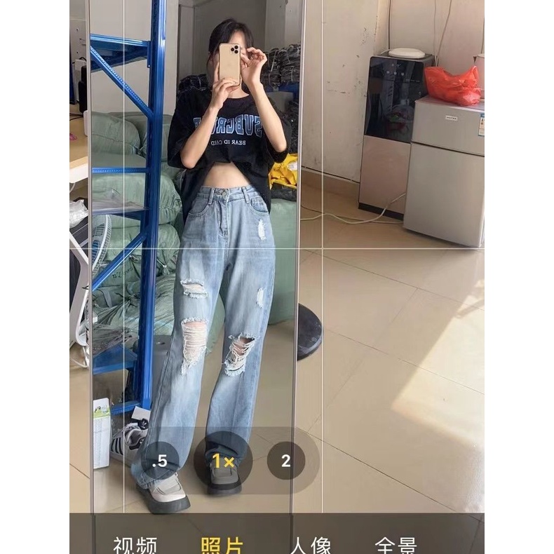 Jiashucheng Quần Jean Rách Lưng Cao Ống Rộng Dáng Suông Phong Cách Retro Mùa Hè Mới Cho Nữ