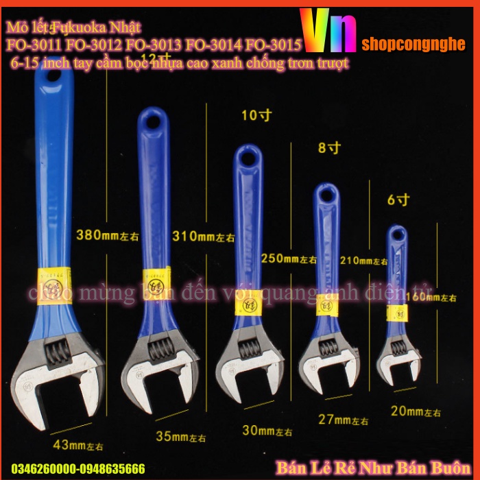 Mỏ lết Fukuoka Nhật FO-3011 FO-3012 FO-3013 FO-3014 FO-3015 6-15 inch tay cầm bọc nhựa cao xanh chống trơn trượt