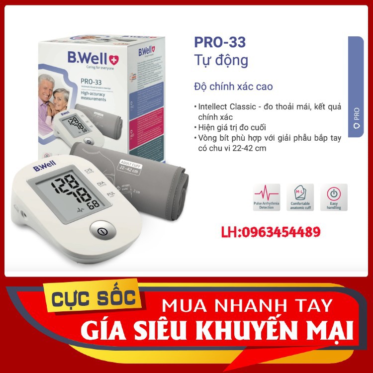 [CHÍNH HÃNG THỤY SĨ - BẢO HÀNH 5 NĂM] Máy đo huyết áp bắp tay tự động B.Well (Pro-33)