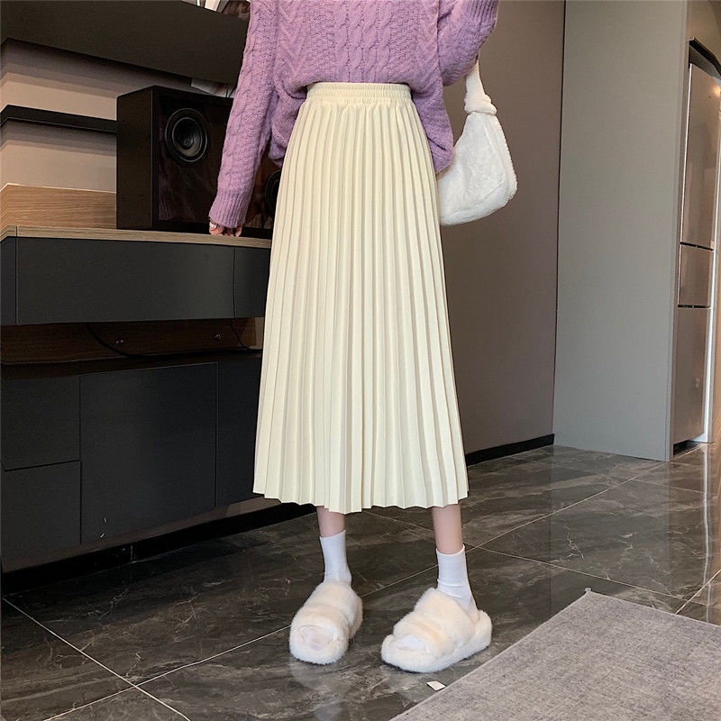 Chân váy chữ A xếp ly lưng cao thời trang thu đông Hàn Quốc mới 2021