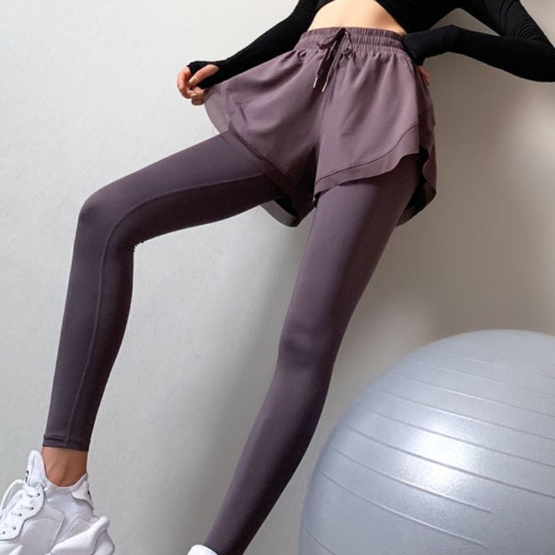 Quần Legging Thể Thao Ngắn Lưng Cao 2 Trong 1 Màu Sắc Đơn Giản Cho Nữ