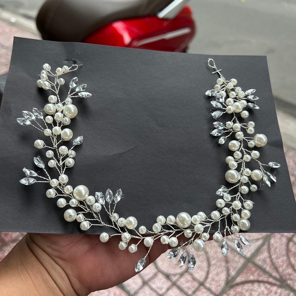 Dây hạt trai đá cài tóc cô dâu 35cm Giangpkc 2022 SP2221636  Phụ kiện cưới Giang