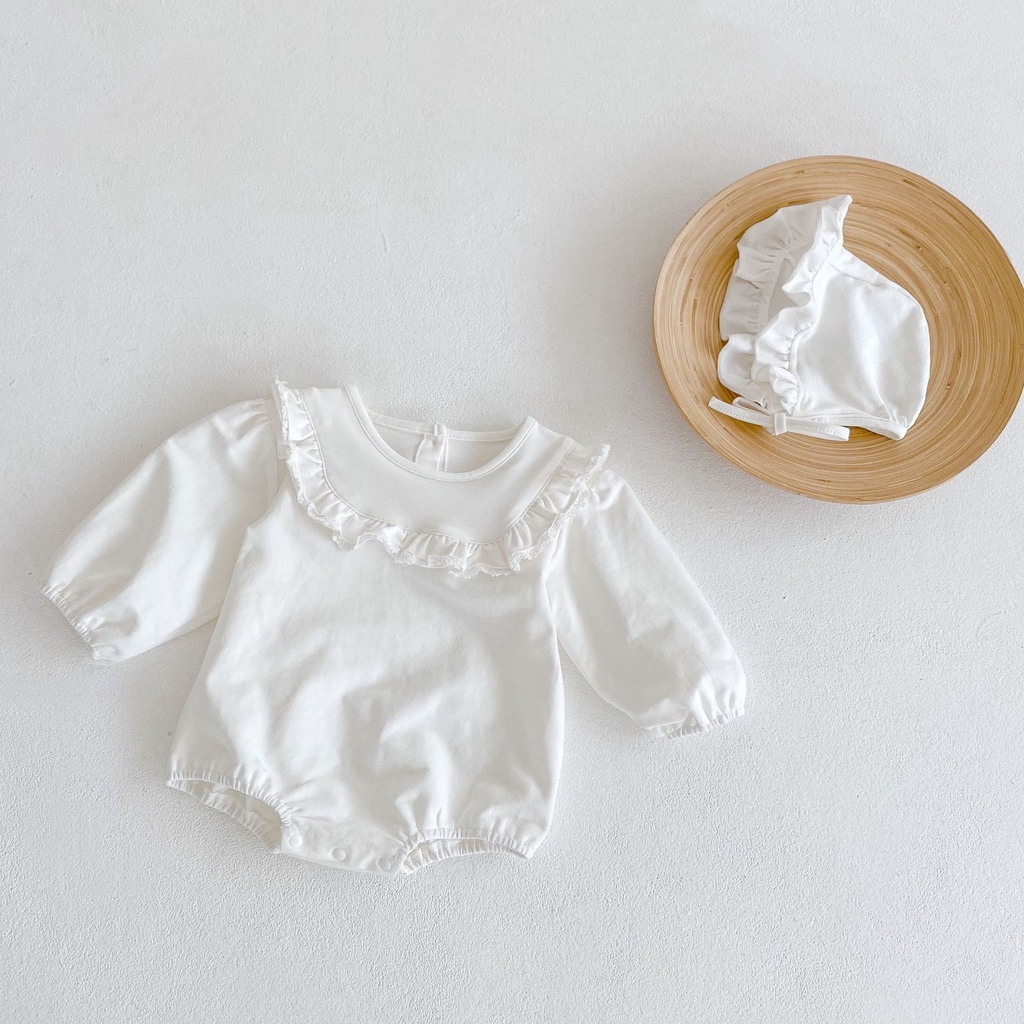 Baby Girl Lace Collar Solid Color Long Sleeve Romper + Hat Princess Set Autumn Infants Girl Cotton Jumpsuit Bodysuit Girl Clothes