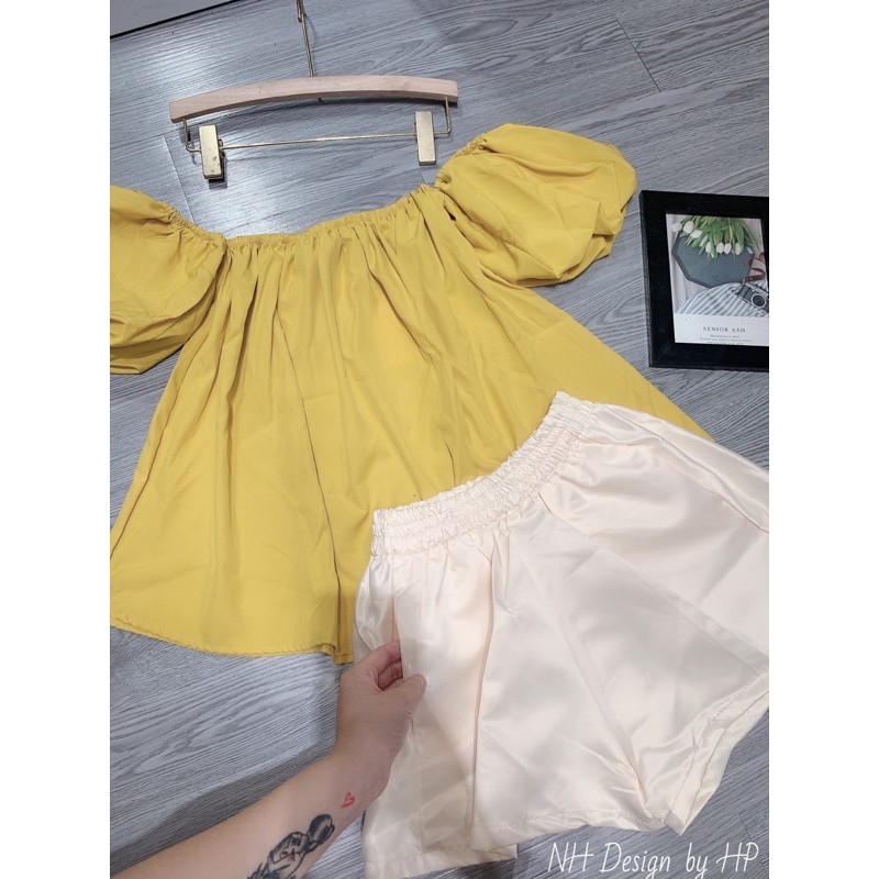 SET ÁO TRỄ VAI VÀNG CỐM MIX QUẦN SOOC TACTA