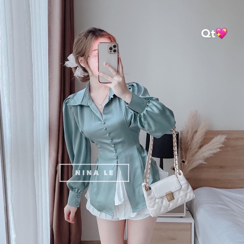 Áo sơ mi lụa tiểu thư cúc bọc buộc lưng SM1668 - Nhinhi Shop