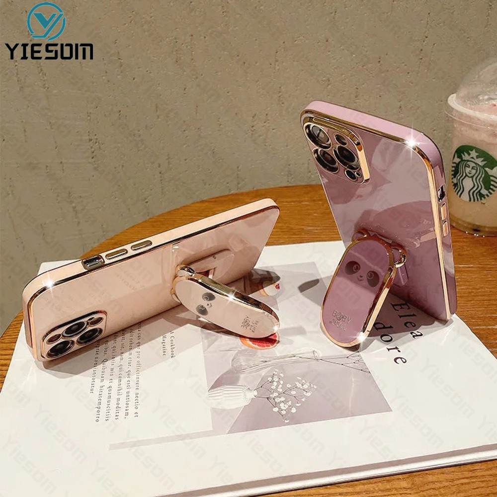 Ốp Điện Thoại Silicon Mềm Có Giá Đỡ Hình Vuông Mạ Màu Hoạt Hình Cho Samsung Galaxy S22 S21 Ultra S22 Plus S21 FE S21+