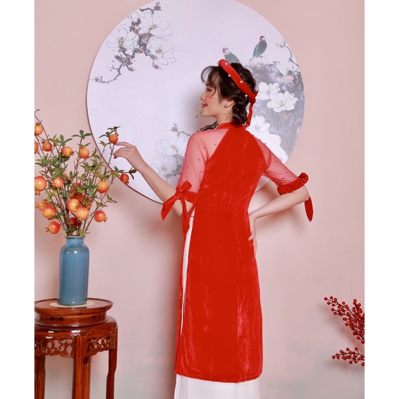 ÁO DÀI TẾT - LITTLE BOW AODAI - ÁO DÀI CÁCH TÂN TAY NƠ ĐÍNH CƯỜM