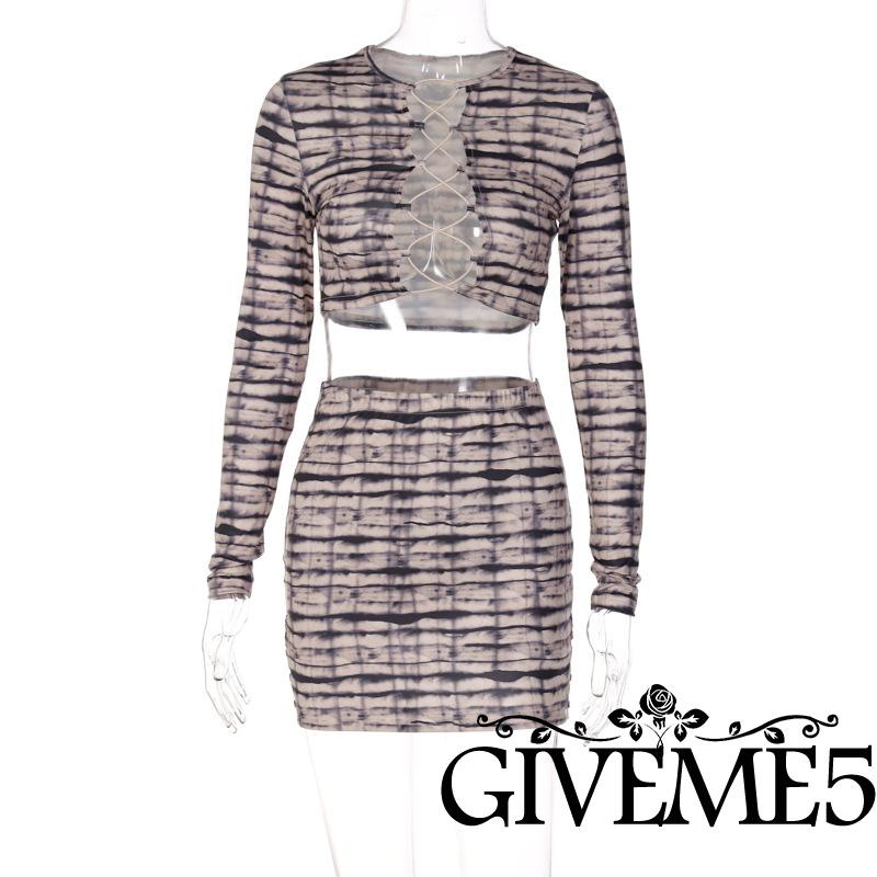 Set áo croptop dài tay và chân váy bút chì họa tiết nhuộm màu thời trang dành cho nữ