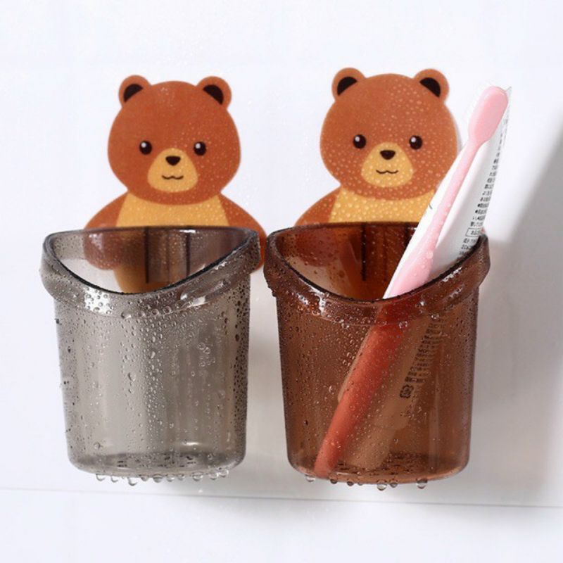 Ly cốc đựng bàn chải kem đánh răng dán tường hình gấu cute, Cốc dán tường nhà tắm chú gấu dễ thương