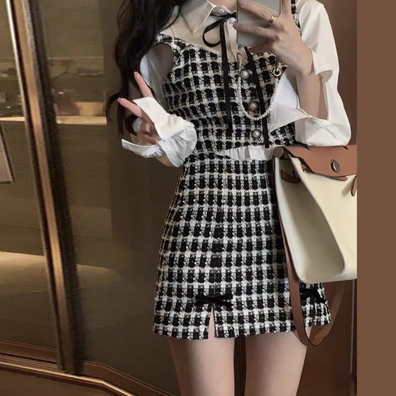 Set Tweed Hai Dây Croptop Caro Chân Váy Chữ A Và Sơmi Croptop Tay Bồng Trắng