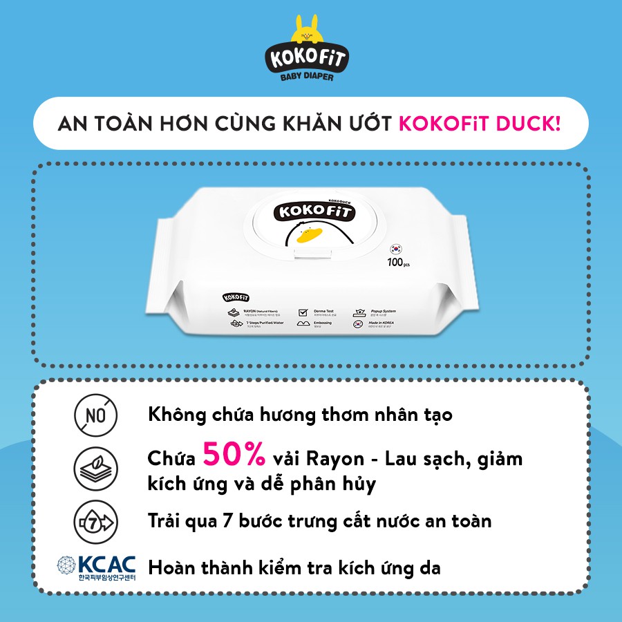 Khăn Ướt Thiên Nhiên KOKOFiT - DUCK Hàn Quốc 50% Vải Rayon 100 tờ/hộp 221g