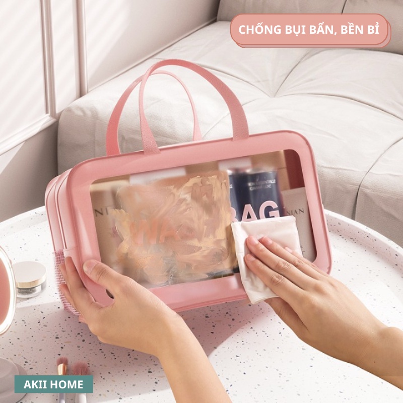 Túi đựng mỹ phẩm Washbag 2 ngăn riêng biệt, chất liệu da PU, PVC trong suốt, có tay cầm cao cấp Akii Home TD40
