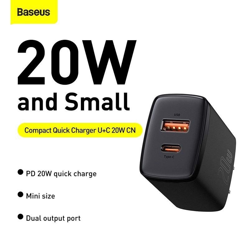 Cốc sạc nhanh 2 cổng TypeC 20W PD và USB QC3.0  Baseus Compact Quick Charge chân dẹt - Hãng phân phối