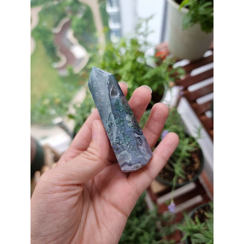 Trụ đá thanh tẩy Moss Agate (mã não rêu), trụ đá phong thủy dùng trong Tarot, Reiki, thiền định