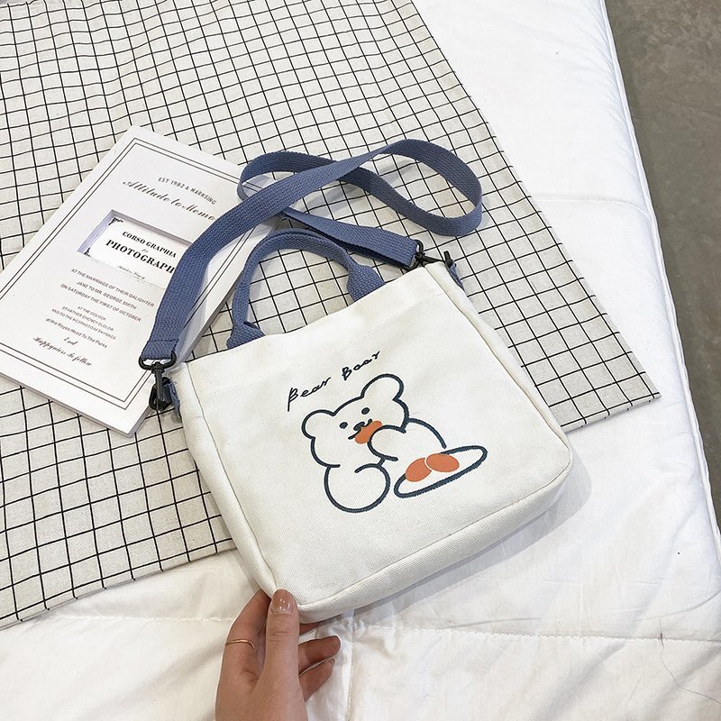 Túi Vải Đeo Chéo Canvas Nữ Có Quai Đeo Khóa Kéo Dáng Vuông Họa Tiết Hoạt Hình Công Sở Đi Học Làm Đựng Cơm