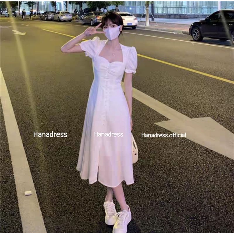 Hanadress _Đầm trắng nút bọc xẻ tà dự tiệc , váy trắng phong cách hàn quốc