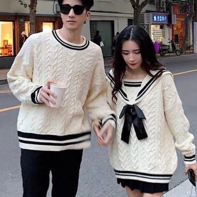 Set áo đôi len trắng viền đen hàng quảng châu cao cấp (KÈM ẢNH THẬT