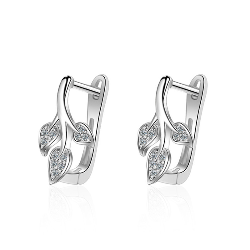 Silver Stud Earring Simple Sweet Crystal Leaf Design Earring for Women Fashion Lady Jewelry