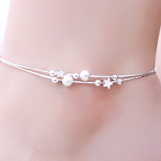 Lắc chân ngôi sao và hạt cườm bi tròn mạ bạc 925 trắng sáng dễ thương style hàn quốc - namimi