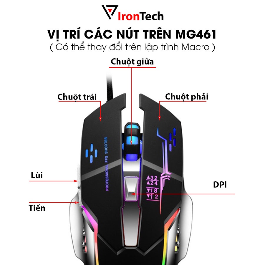 Chuột gaming MACRO IronTech MIHUN G461 PRO chuột máy tính có dây LED huyền ảo 6 phím đa năng 3200DPI cho game thủ