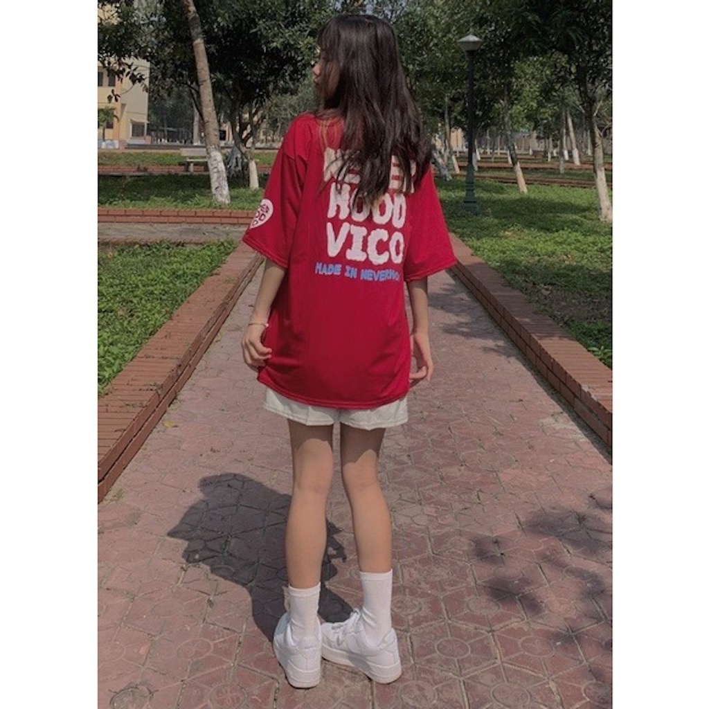 Set bộ mặc hè áo thun đỏ cộc tay form rộng in chữ never vico kèm quần short trắng trơn phong cách Ulzzang
