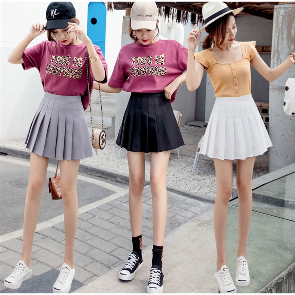 ✉☇phiên bản Hàn Quốc of High Waist Academy Váy ngắn mini chữ A xếp ly kẻ sọc Skater (với quần an toàn bên trong)