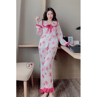 Bộ lụa Pijama - Bộ Lụa Tay Dài Tiểu Thư Cổ Phối Bèo Nơ ,