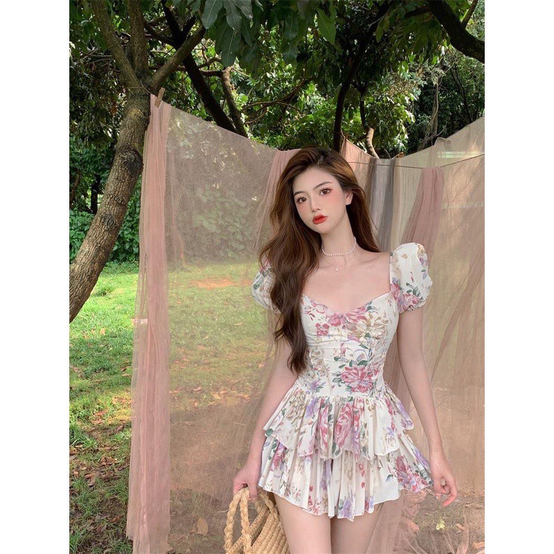 Đầm ôm Cổ Vuông Tay Phồng Họa Tiết Hoa Phong Cách Retro Pháp 2 Kiểu | BigBuy360 - bigbuy360.vn