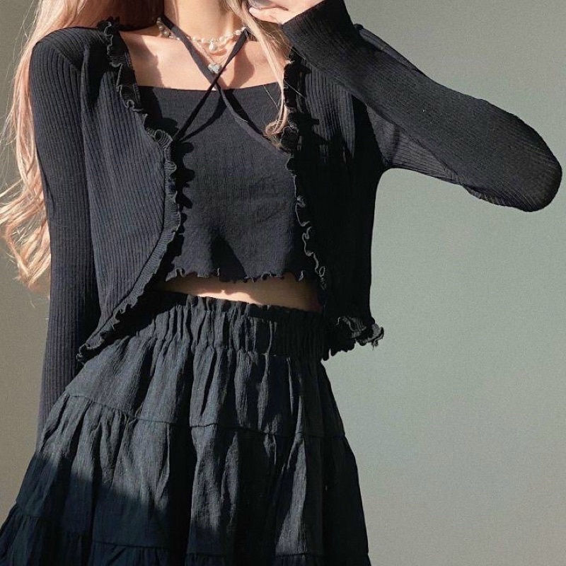 Áo thun gân nữ viền bèo buộc dây tay dài màu trơn tiểu thư nhẹ nhàng kèm áo hai dây trong- Mã: 748 TV-Fashion