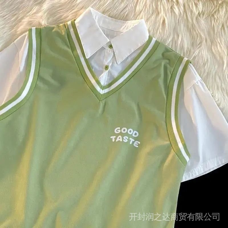 Set áo thun polo phối quần short màu xanh lá in hình gấu phong cách Hàn Quốc cao cấp Mùa Hè Cho Nữ