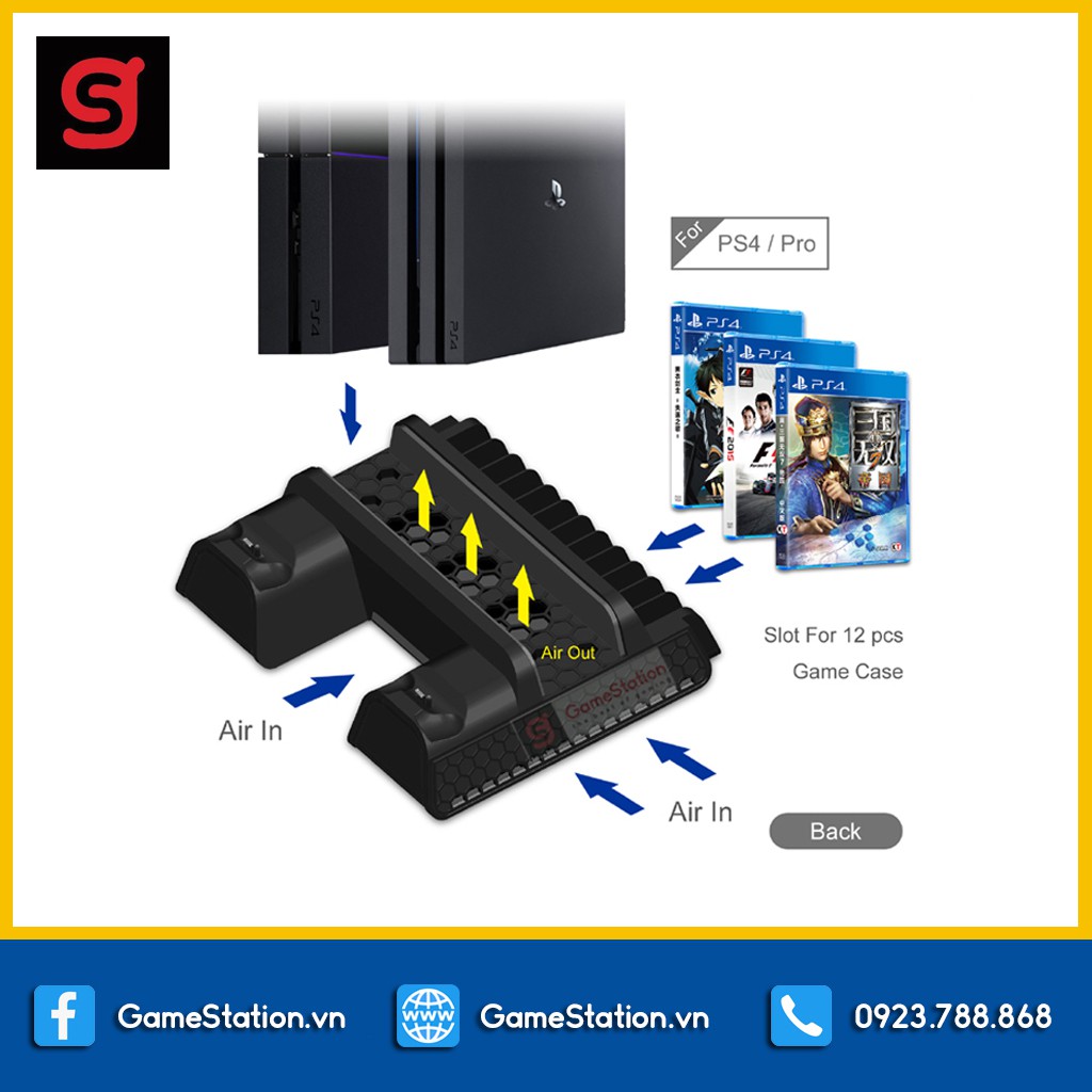 [Mã ELMS5 giảm 7% đơn 300K] Đế Đứng Kèm Quạt Tản Nhiệt Và Khay Đựng Đĩa Game Cho Máy PS4, PS4 Pro, PS4 Slim