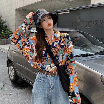 Áo sơ mi tay dài dáng rộng phối màu tương phản phong cách retro dành cho nữ