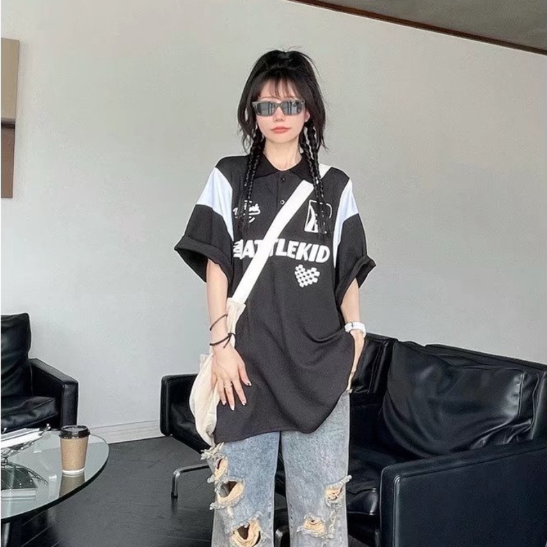 Áo polo Ngắn Tay Dáng Rộng áo polo nam In Chữ áo thun có cổ Đơn Giản áo phông nam có cổ Phong Cách Châu Âu Nam Nữ