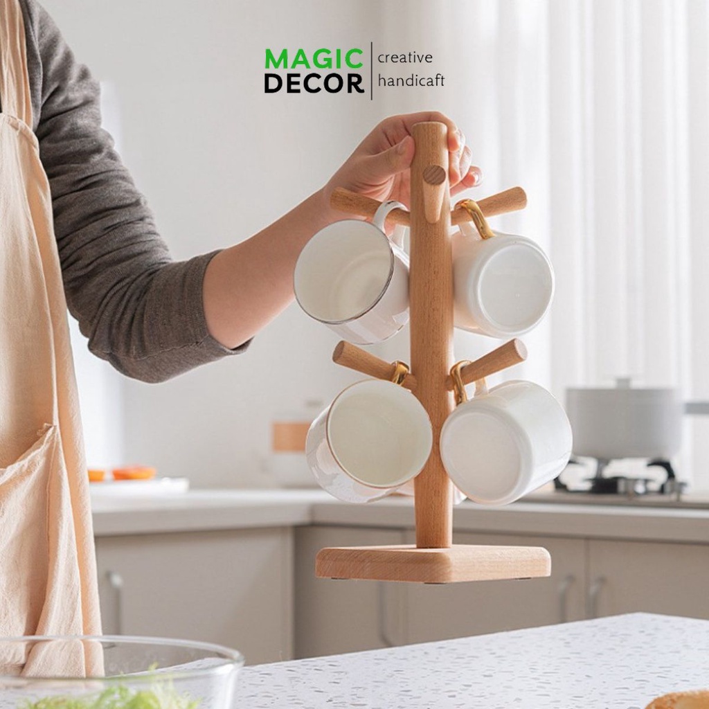 Kệ treo ly, cốc bằng gỗ 6 nhánh decor trang trí nhà bếp - MAGICDECOR