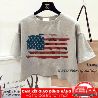 Áo croptop nữ hình Lá Cờ Mỹ USA kiểu loại cổ tròn tay ngắn, chất liệu họa tiết màu sắc trang nhã đơn giản