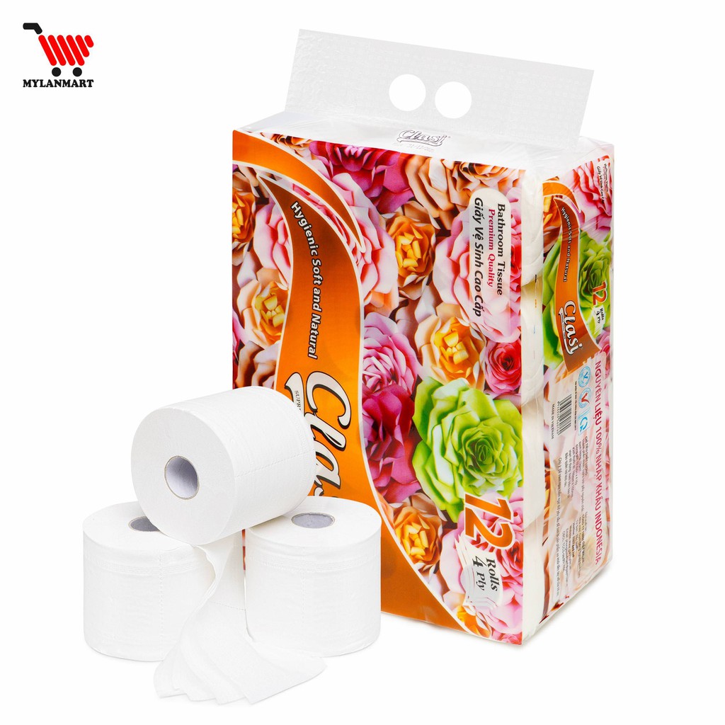 Giấy Vệ Sinh Clasi Hoa Hồng 4 Lớp Mylan (12 Cuộn/1.7kg/Xách) siêu dai, mềm mịn, tan nhanh trong nước