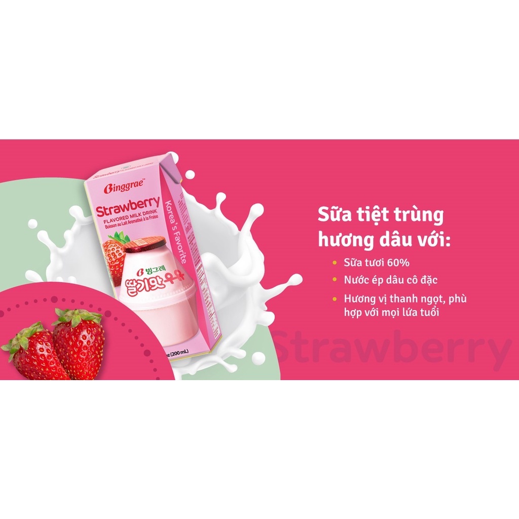 Lốc Sữa Dâu Hàn Quốc Binggrae Strawberry Milk (200ml x 6 hộp)