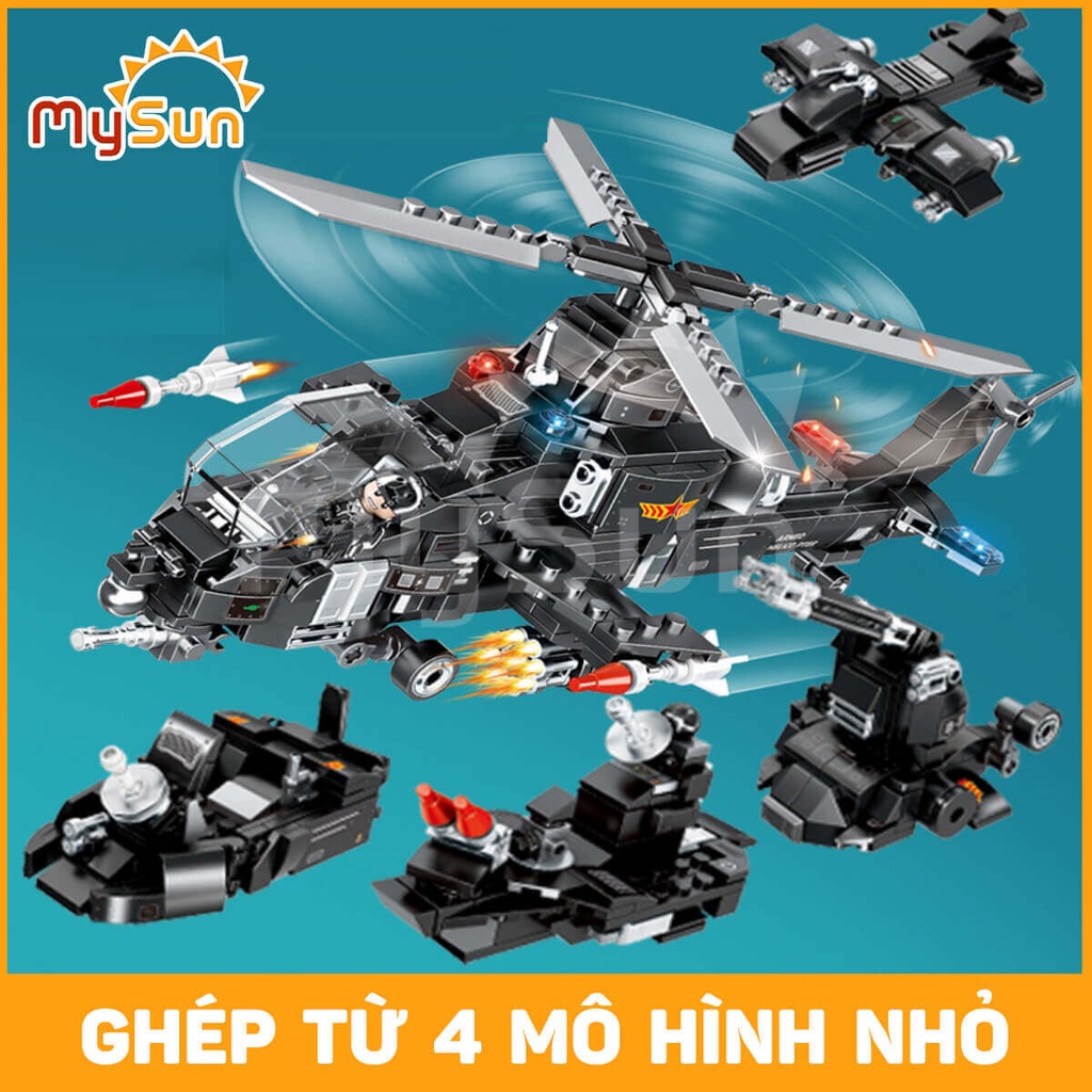 Bộ đồ chơi Lego xe tăng bọc thép, lính cảnh sát Swat, tàu chiến hạm, máy bay trực thăng chiến đấu MySun